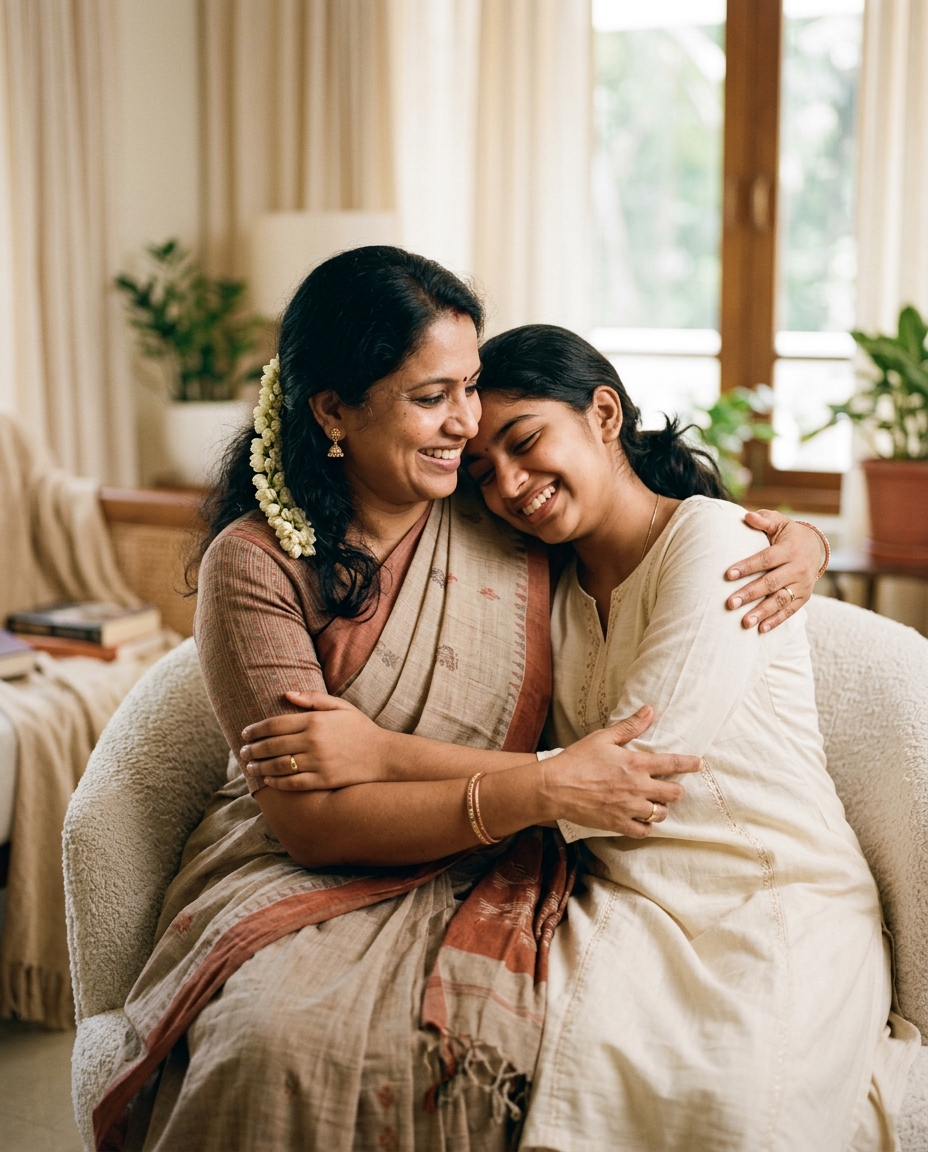 A South Indian mother and her teenage daughter in a moment of warm connection